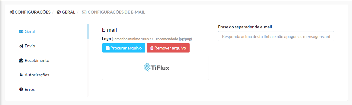 Configurações e e-mail no TiFlux