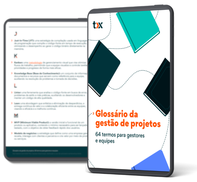 Foto de um tablet com a capa do e-book escrito Glossário da gestão de projetos: 64 termos para gestores e equipes