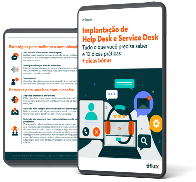 Tablet com a capa do material escrito Guia de implantação help desk e service desk + 12 dicas bônus