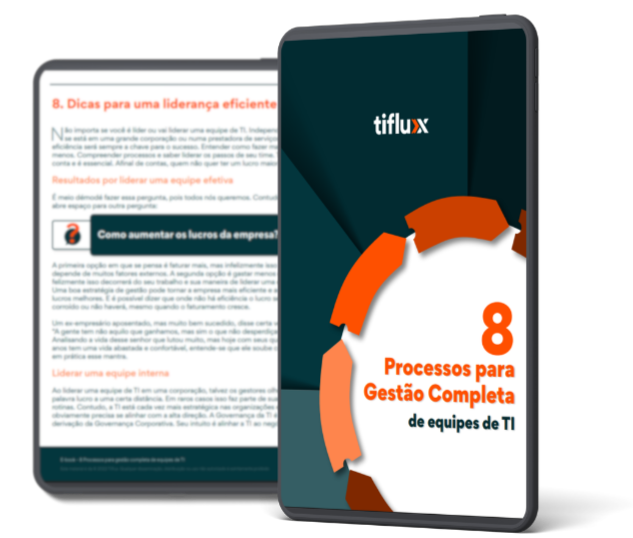 Imagem de um tablet com a capa e uma página interna do material que será feito o download