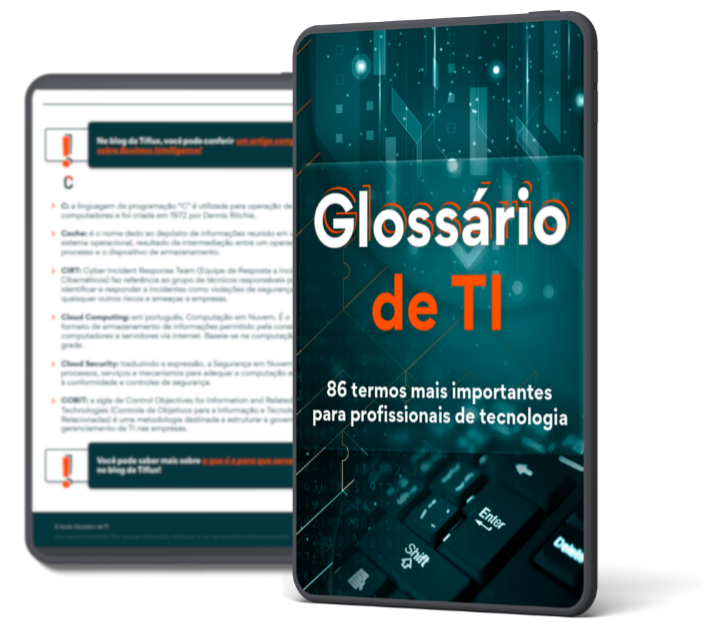 Imagem de um tablet com a capa e uma página interna do material que será feito o download