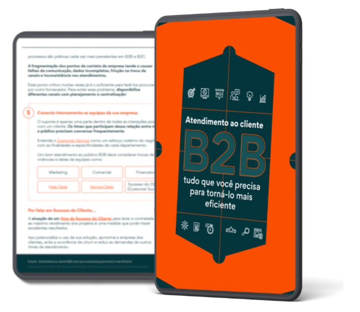 Imagem de um tablet com a capa e uma página interna do material que será feito o download