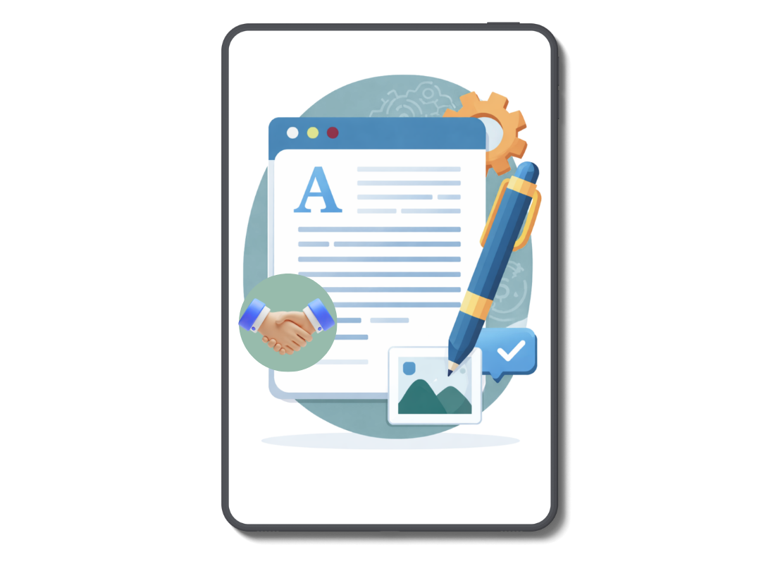 Imagem de um tablet com ícone de contrato para representar o material que será feito o download