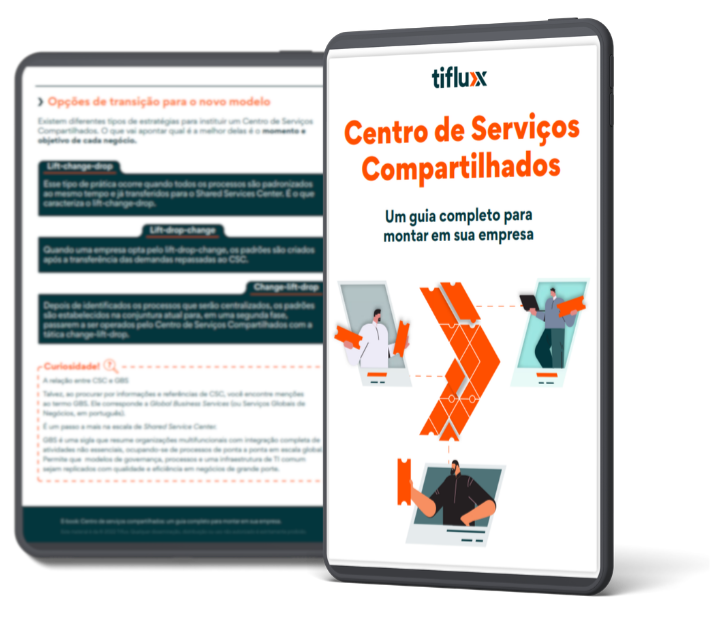 Imagem de um tablet com a capa e uma página interna do material que será feito o download