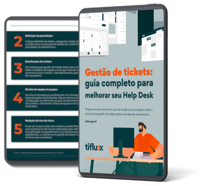 Imagem de um tablet com a capa e uma página interna do material que será feito o download