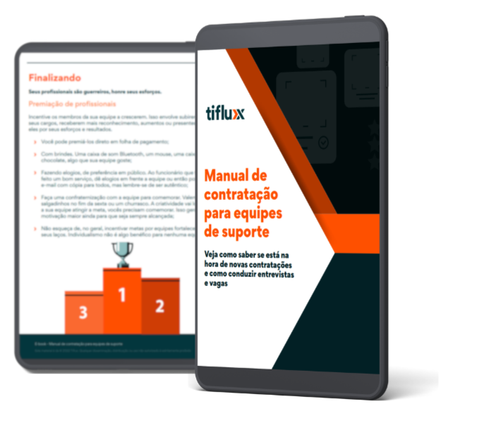 Imagem de um tablet com a capa e uma página interna do material que será feito o download