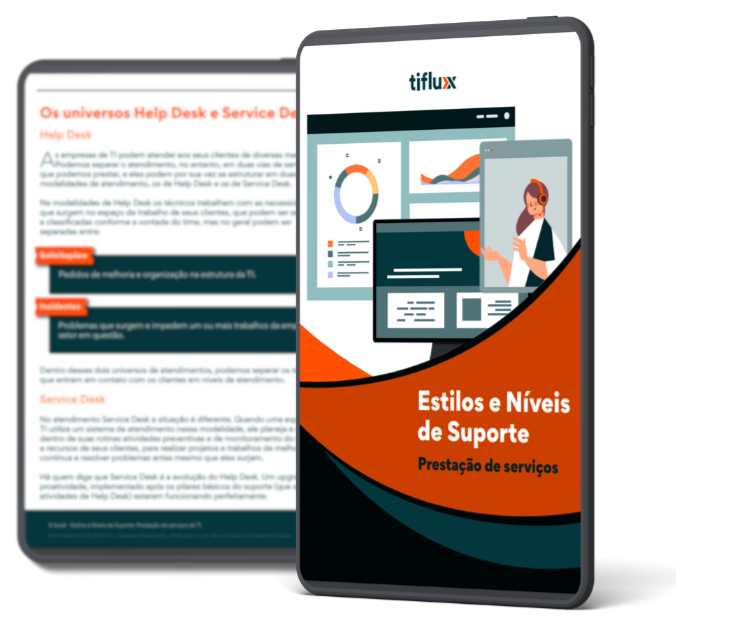 Imagem de um tablet com a capa e uma página interna do material que será feito o download