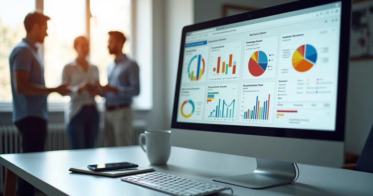 Tela de computador mostrando dashboard de automação de atendimento com gráficos coloridos
