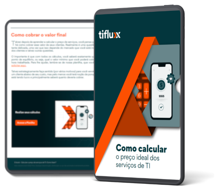 Imagem de um tablet com a capa e uma página interna do material que será feito o download