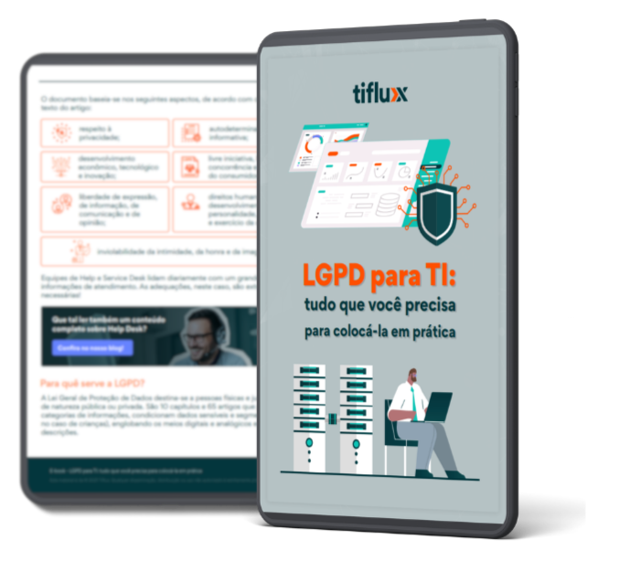 Imagem de um tablet com a capa e uma página interna do material que será feito o download
