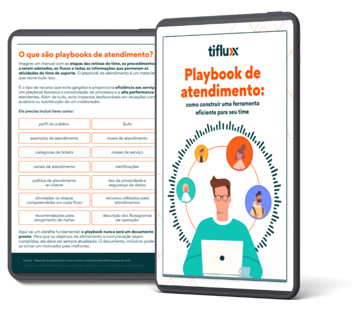 Imagem de um tablet com a capa e uma página interna do material que será feito o download