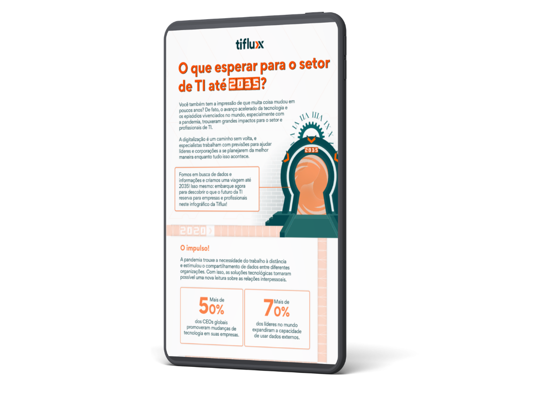 Imagem de um tablet com a capa do infográfico para representar o material que será feito o download